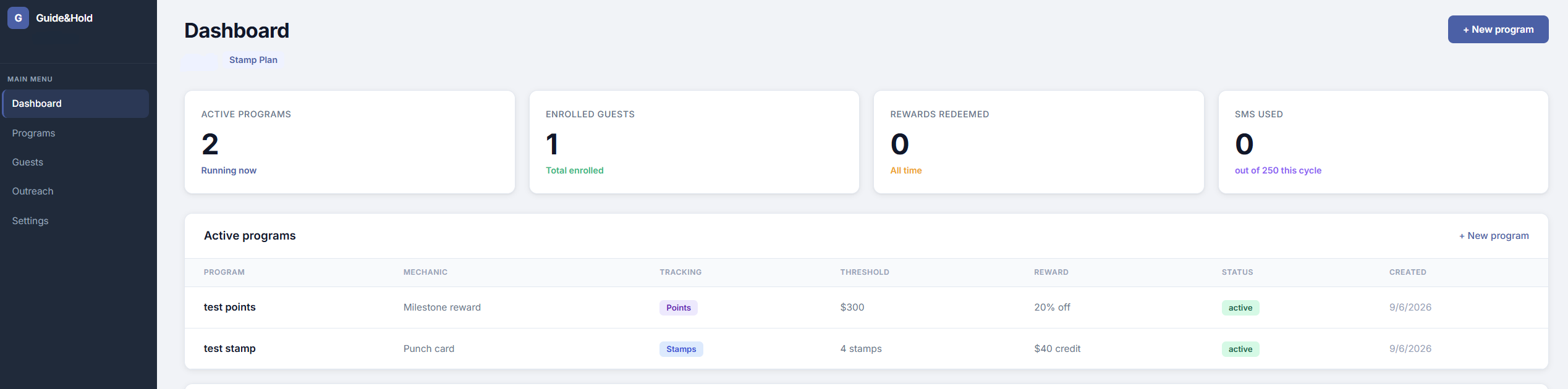 Guide&Hold customer loyalty program dashboard
